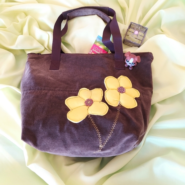 Καφέ υφασμάτινη τσάντα tote ώμου/χειρός, με απλικέ λουλούδια - ύφασμα, ώμου, χειροποίητα, all day, tote - 4