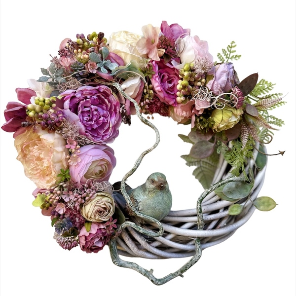 Ρομαντικό στεφανι με λουλούδια και πουλάκι 36 εκατοστά - στεφάνια, λουλούδι