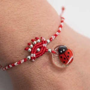 Μάρτης βραχιόλι - Μάτι με Πασχαλίτσα- Martaki Evil Eye Bracelet with ladybug - March Bracelet - ασήμι 925, μάτι, μαρτάκια, χεριού, αυξομειούμενα - 2
