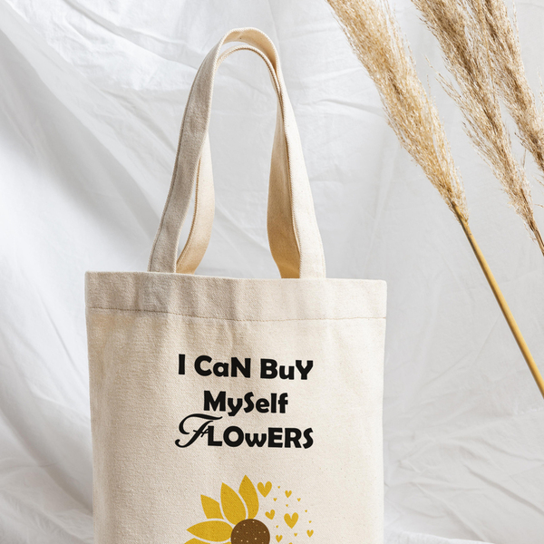 Πάνινη τσάντα μπεζ ώμου 32x42 εκατοστά με ηλιοτρόπιο και φράση "I can buy myself flowers" - ύφασμα, πάνινες τσάντες - 2