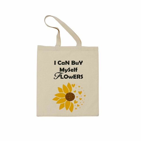Πάνινη τσάντα μπεζ ώμου 32x42 εκατοστά με ηλιοτρόπιο και φράση "I can buy myself flowers" - ύφασμα, πάνινες τσάντες