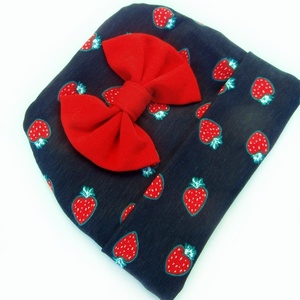 Βρεφικό σετ σκουφάκι με γάντια για κορίτσι μπλε σκούρο με φράουλες και φιόγκο κόκκινο - κορίτσι, σκουφάκια, βρεφικά ρούχα - 3