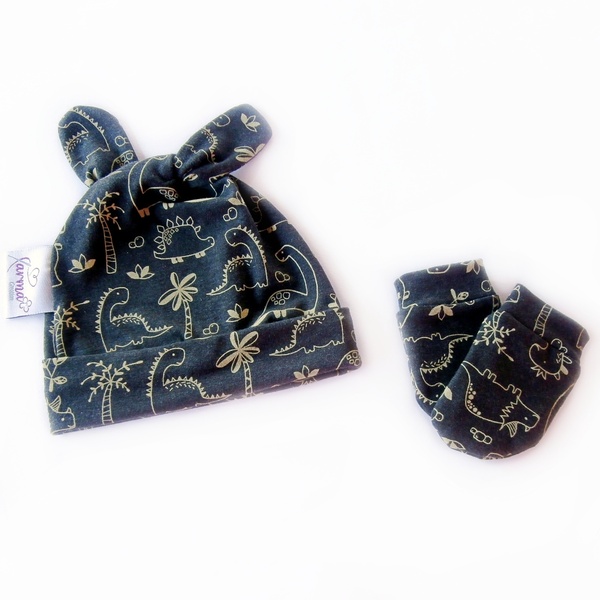 Βρεφικό σετ σκουφάκι με γάντια για αγόρι γκρι με σχέδιο δεινόσαυρους - αγόρι, σκουφάκια, βρεφικά ρούχα