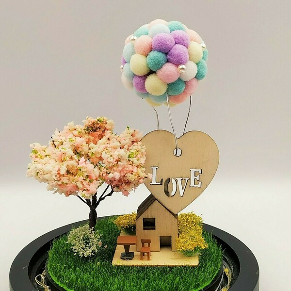 Διακοσμητική γυάλα με ξύλινο σπιτάκι ξύλινο μινιατούρα και χρωματιστά μπαλόνια - ξύλο, γυαλί, σπίτι, διακοσμητικά, αγ. βαλεντίνου - 5