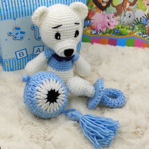 Χειροποίητο πλεκτό σετ δώρου λευκό-γαλάζιο με αρκουδάκι, πιπίλα και κρεμαστό ματάκι - δώρα για βάπτιση, ματάκια, δώρα για μωρά, δώρο γέννησης, φυλαχτά - 3