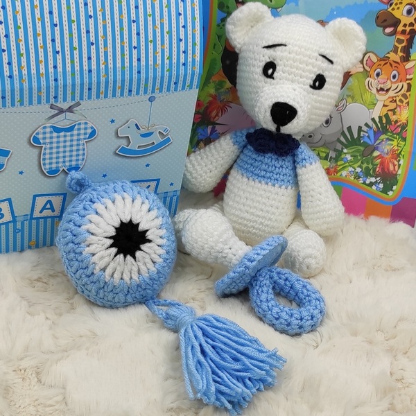 Χειροποίητο πλεκτό σετ δώρου λευκό-γαλάζιο με αρκουδάκι, πιπίλα και κρεμαστό ματάκι - δώρα για βάπτιση, ματάκια, δώρα για μωρά, δώρο γέννησης, φυλαχτά - 5