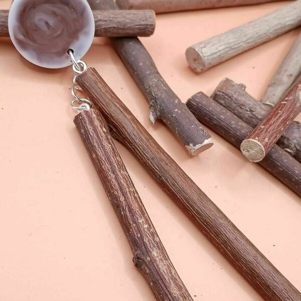 Wooden Collection - Boho σκουλαρίκι από υγρό γυαλί και ξύλινα κρεμαστά στοιχεία 11εκ. - καφέ - ξύλο, γυαλί, boho, κρεμαστά, μεγάλα