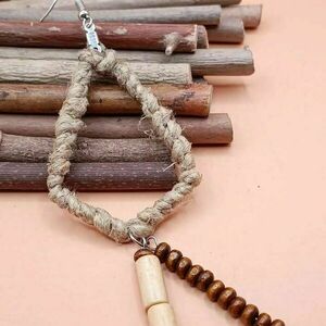 Wooden Collection - Κρεμαστό boho σκουλαρίκι πλεκτό με ξύλινες χάντρες - μπεζ/καφέ - ξύλο, boho, κρεμαστά, μεγάλα, πλεκτά
