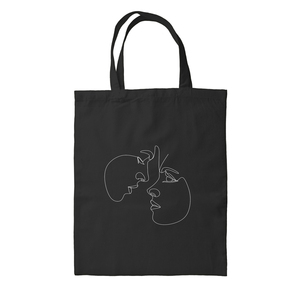Πάνινη τσάντα μαύρη για βιβλία με σχέδιο πρόσωπα ζευγαριού - ύφασμα, αξεσουάρ, αγ. βαλεντίνου, πάνινες τσάντες, δωρο για επέτειο