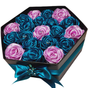 Πολυτελές κουτί με χειροποίητα τριαντάφυλλα σε πετρολ - λιλά αποχρώσεις 30cm - ύφασμα, δώρα επετείου, διακοσμητικά, αγ. βαλεντίνου
