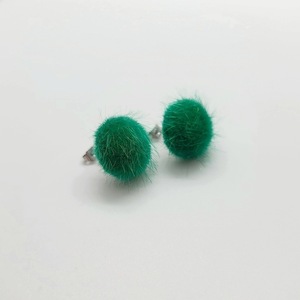 Σκουλαρίκια ατσάλινα με γούνα πράσινη - 12mm - καρφωτά, μικρά, ατσάλι, φθηνά - 2