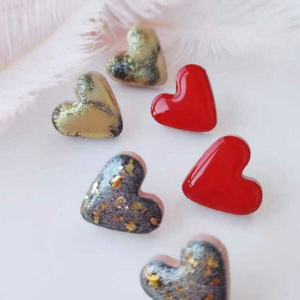 Σκουλαρίκια καρδιές ανθρακί ξύλινα με υγρό γυαλί - ξύλο, καρδιά, καρφωτά, αγ. βαλεντίνου, δώρα για γυναίκες - 4