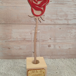 Ξύλινο κόκκινο τριαντάφυλλο σε γυάλινο βάζο - ξύλο, τριαντάφυλλο, plexi glass, δώρα επετείου, διακοσμητικά - 3