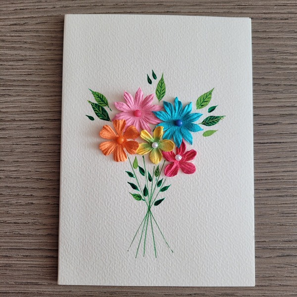 Ευχετήρια κάρτα με χάρτινα λουλούδια και λεπτομέρειες ζωγραφισμένες στο χέρι - 1 - ζωγραφισμένα στο χέρι, χαρτί, λουλούδια, ευχετήριες κάρτες