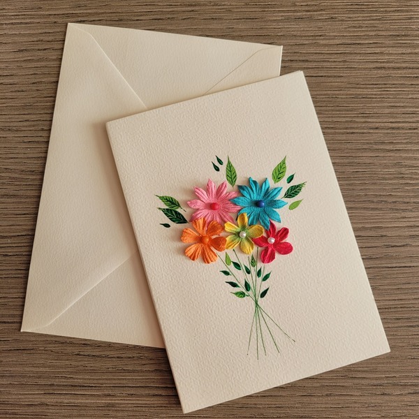 Ευχετήρια κάρτα με χάρτινα λουλούδια και λεπτομέρειες ζωγραφισμένες στο χέρι - 1 - ζωγραφισμένα στο χέρι, χαρτί, λουλούδια, ευχετήριες κάρτες - 5