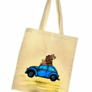 Πάνινη τσάντα αυτοκίνητο με μακρύ χερούλι, ζωγραφισμένη στο χέρι κατόπιν παραγγελίας. - ύφασμα, ώμου, tote