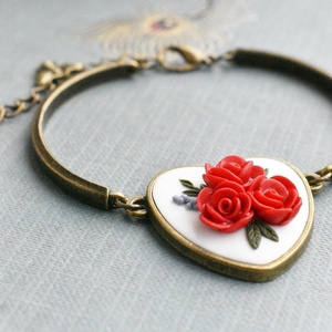 Vintage βραχιόλι καρδιά με τριαντάφυλλα | I love, I love, I love you (πηλός, μπρούτζος) (αυξομειούμενο) - καρδιά, λουλούδι, μπρούντζος, χεριού, αυξομειούμενα - 4