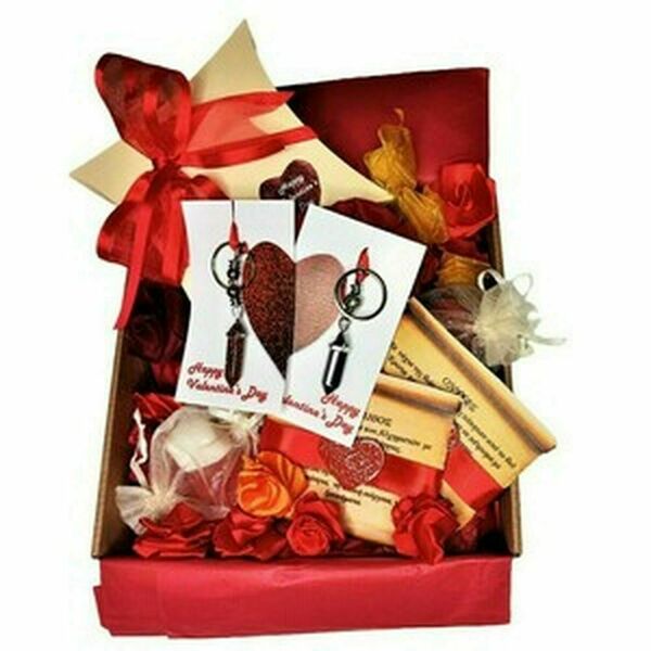 Σετ μπρελόκ με Χρυσόλιθο και Μάτι Τίγρης εκκρεμές 3εκ σε κουτί με σε κουτί με δώρο σαπουνάκια, κεράκια, τριανταφυλλάκια (20*20*6 cm) -Gift box5 Happy Valentine’s Day - ημιπολύτιμες πέτρες, μέταλλο, ατσάλι, σετ δώρου, μπρελοκ κλειδιών