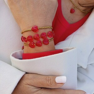 Βραχιόλι γυναικείο με κόκκινες καρδιές - γυαλί, κοσμήματα, δωρο για επέτειο - 2