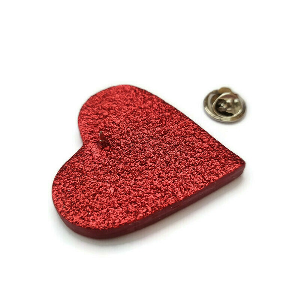 Καρφίτσα heart από πηλό με κόκκινο γκλίτερ - καρδιά, πηλός, κοσμήματα - 3