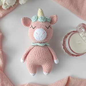 Πλεκτό κουκλάκι amigurumi ροζ μονόκερος - ύψος 16 εκ - λούτρινα, μονόκερος, δώρο για βάφτιση, δώρο γέννησης - 4