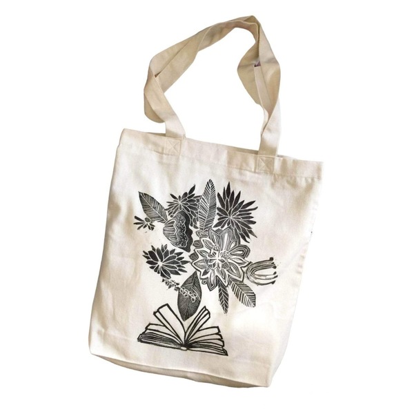 Υφασμάτινη οικολογική τσάντα ώμου τυπωμένη στο χέρι Tote bag Βιβλίο - ύφασμα, φλοράλ, all day, tote, πάνινες τσάντες
