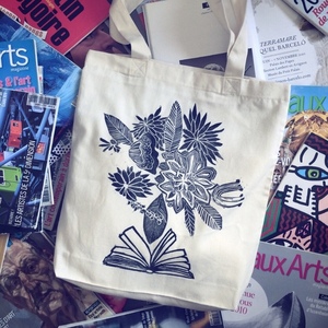 Υφασμάτινη οικολογική τσάντα ώμου τυπωμένη στο χέρι Tote bag Βιβλίο - ύφασμα, φλοράλ, all day, tote, πάνινες τσάντες - 2
