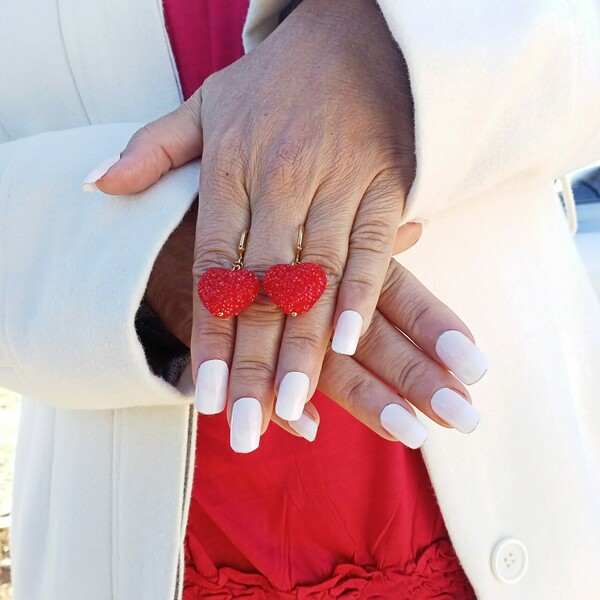 Σκουλαρίκια γυναικεία , καρδιά κόκκινη - γυαλί, σε αγαπώ, κοσμήματα, αγ. βαλεντίνου - 2