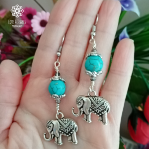 Σκουλαρίκια με ινδικά ελεφαντάκια και χάντρες χαολιτη - ημιπολύτιμες πέτρες, ελεφαντάκι, boho, κρεμαστά - 5