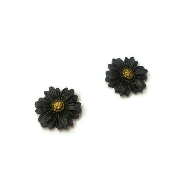 Flowers - Καρφωτά σκουλαρίκια λουλούδια small από μαύρο πηλό - πηλός, λουλούδι, καρφωτά, ατσάλι, καρφάκι - 2