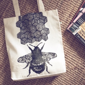 Υφασμάτινη οικολογική τσάντα ώμου τυπωμένη στο χέρι tote bag Bee friendly - ύφασμα, φλοράλ, all day, tote, πάνινες τσάντες - 2