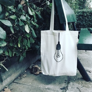 Υφασμάτινη οικολογική τσάντα ώμου τυπωμένη στο χέρι Tote bag Λάμπα - ύφασμα, ώμου, all day, tote, πάνινες τσάντες - 2