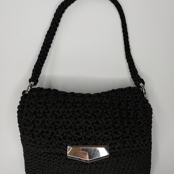 Χειροποίητη μαύρη πλεκτή τσάντα με ασημί λεπτομέρειες - νήμα, all day, χειρός, πλεκτές τσάντες, μικρές - 5