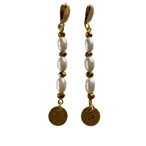 Σκουλαρίκια με πέρλες και χρυσό δίσκο - ορείχαλκος, κρεμαστά, πέρλες, μεγάλα, καρφάκι