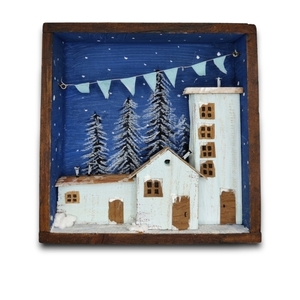 ξύλινο καδράκι 14x14 Λευκή χιονισμένη πόλη - ξύλο, πίνακες & κάδρα, διακοσμητικά