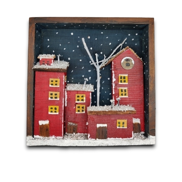 Κόκκινη χιονισμένη πόλη σε καδράκι - ξύλο, σπίτι, διακοσμητικά, χριστουγεννιάτικα δώρα