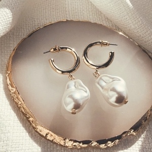 Κρεμαστές περλες - Earrings of pearl - επιχρυσωμένα, κρίκοι, ατσάλι, πέρλες, με κλιπ - 2