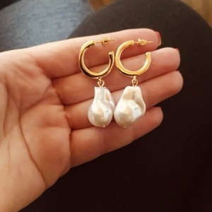 Κρεμαστές περλες - Earrings of pearl - επιχρυσωμένα, κρίκοι, ατσάλι, πέρλες, με κλιπ - 3