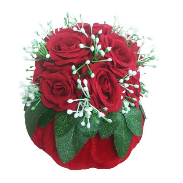 Κόκκινη βελούδινη κολοκύθα με κόκκινα βελουτέ τριαντάφυλλα, 15εκ*15εκ - ύφασμα, διακοσμητικά, αγ. βαλεντίνου