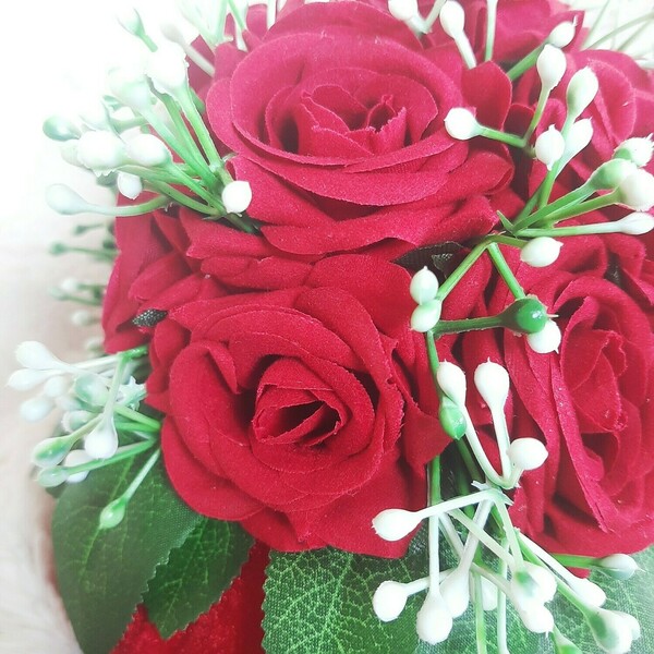 Κόκκινη βελούδινη κολοκύθα με κόκκινα βελουτέ τριαντάφυλλα, 15εκ*15εκ - ύφασμα, διακοσμητικά, αγ. βαλεντίνου - 3