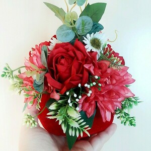 Κόκκινη βελούδινη κολοκύθα με κόκκινη σύνθεση λουλουδιών, 15εκ*15εκ - ύφασμα, τριαντάφυλλο, διακοσμητικά, δωρο για επέτειο - 2