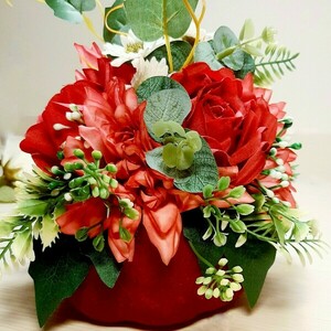 Κόκκινη βελούδινη κολοκύθα με κόκκινη σύνθεση λουλουδιών, 15εκ*15εκ - ύφασμα, τριαντάφυλλο, διακοσμητικά, δωρο για επέτειο - 3