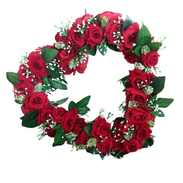 Κόκκινο στεφάνι καρδιά για Άγιο Βαλεντίνο με κόκκινα τριαντάφυλλα 30εκ. - ύφασμα, καρδιά, διακοσμητικά