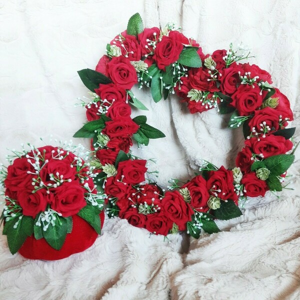 Κόκκινο στεφάνι καρδιά για Άγιο Βαλεντίνο με κόκκινα τριαντάφυλλα 30εκ. - ύφασμα, καρδιά, διακοσμητικά - 5