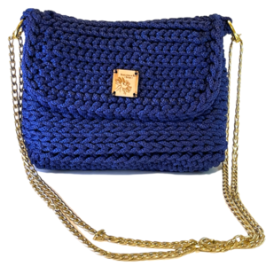 ΜΑΡΙΝΑ - Χειροποίητη πλεκτή μπλε τσάντα ώμου με χρυσή αλυσίδα, 21x33 - νήμα, ώμου, all day, πλεκτές τσάντες, μικρές