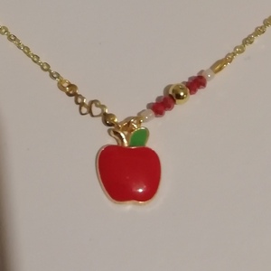 Ατσάλινο επιχρυσωμένο κολιέ με κόκκινο μήλο μίνι καρδιές και κρυσταλλάκια 50cm - γυαλί, μέταλλο, κοσμήματα, βαλεντίνος - 2