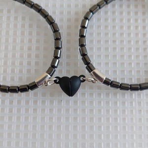 Βραχιόλια σετ με καρδούλα μαγνήτη σε μαυρο για ζευγαρι - ημιπολύτιμες πέτρες, πέτρα, καρδιά, κοσμήματα, χεριού