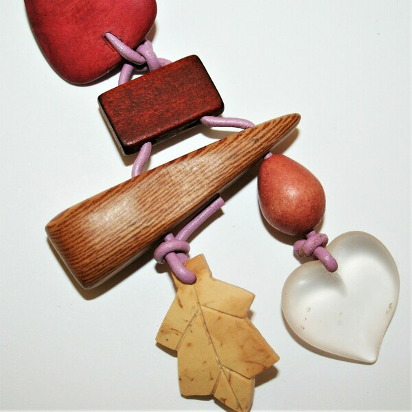 Μπρελόκ ξύλινα σχήματα, φύλλο, διάφανη λευκή καρδιά - δέρμα, ξύλο, καρδιά, ρητίνη, φύλλο - 2