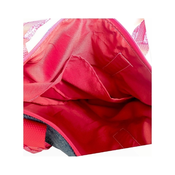 Χειροποίητη υφασμάτινη τσάντα tote χειρός από τζιν και κόκκινο λαχούρ - ύφασμα, χειροποίητα, all day, χειρός, tote - 4