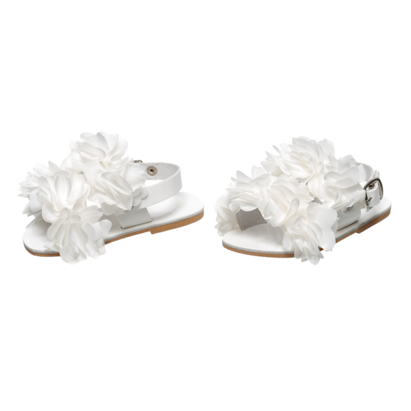 Χειροποίητα παιδικά σανδάλια άσπρα λουστρίνι με λουλούδια από δέρμα, Σανδάλια Νερτέρα - δέρμα, λουλούδια, σανδάλια - 3